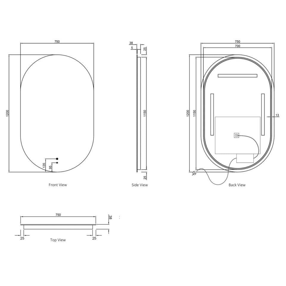 Otti LED Noosa 1200mm x 750mm Frameless Tuffi Mirror