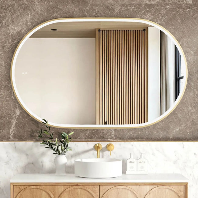 Otti LED Noosa 1200mm x 750mm Metal Frame Tuffi Mirror - Brushed Gold LED-OVM1275G - The Blue Space