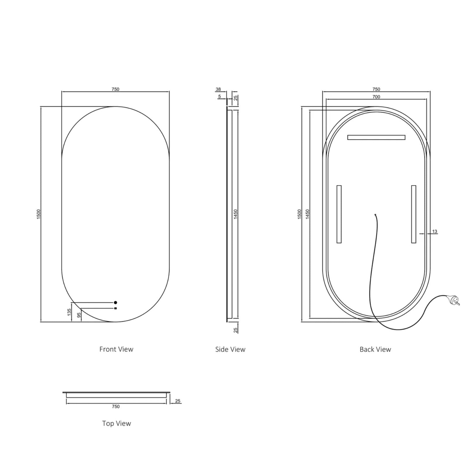 Otti LED Noosa 1500mm x 750mm Frameless Tuffi Mirror Technical Drawing LED-OV1575 | The Blue Space