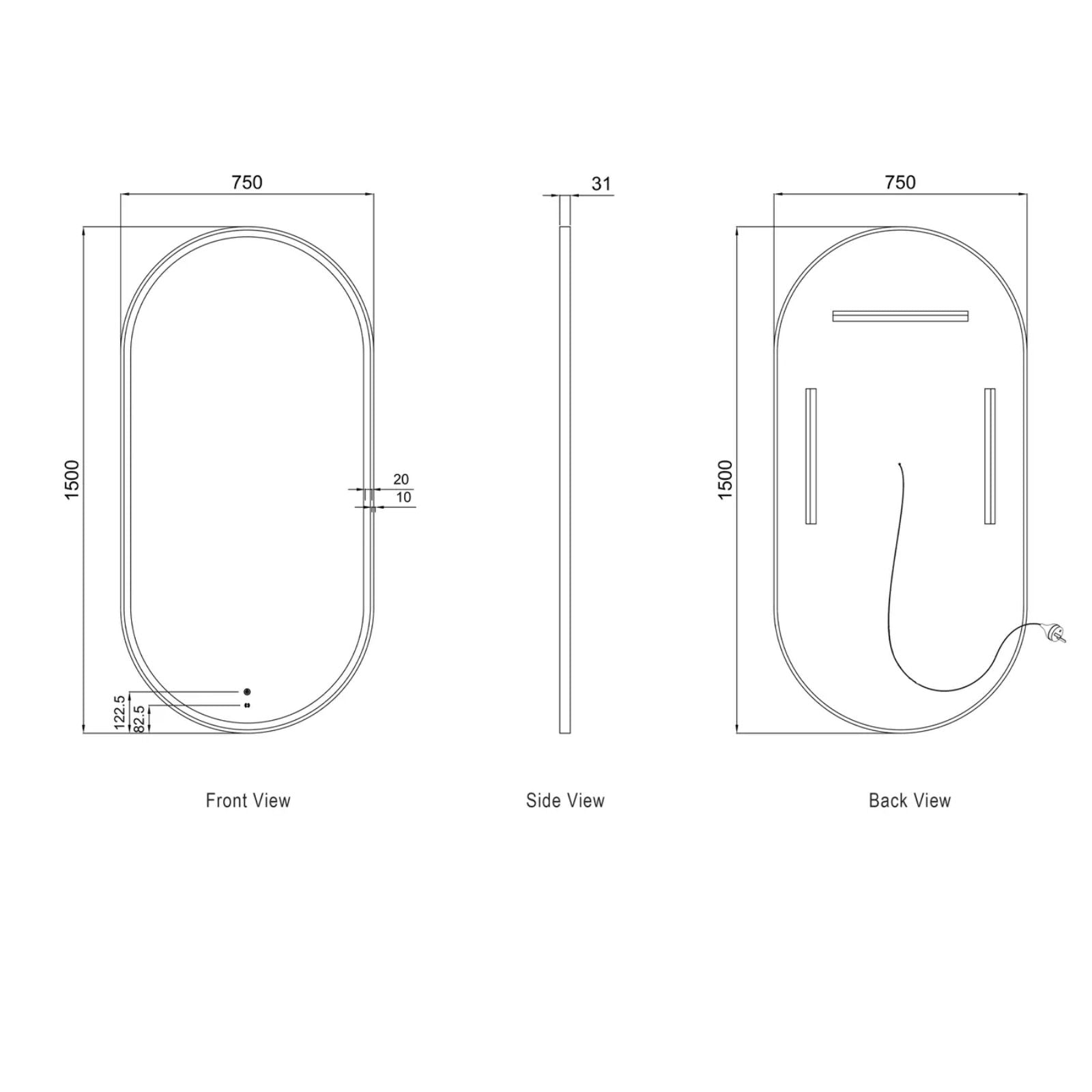 Technical Drawing Otti LED Noosa 1500mm x 750mm Metal Frame Mirror - Black LED-OVM1575B - The Blue Space