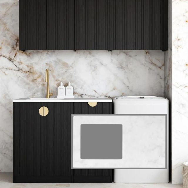 Otti Marlo 1715mm Fluted Laundry Set B - Black with Cloudy Carrara Solid Surface Stone Top LA-1715B-MA-CA-KIT | The Blue Space