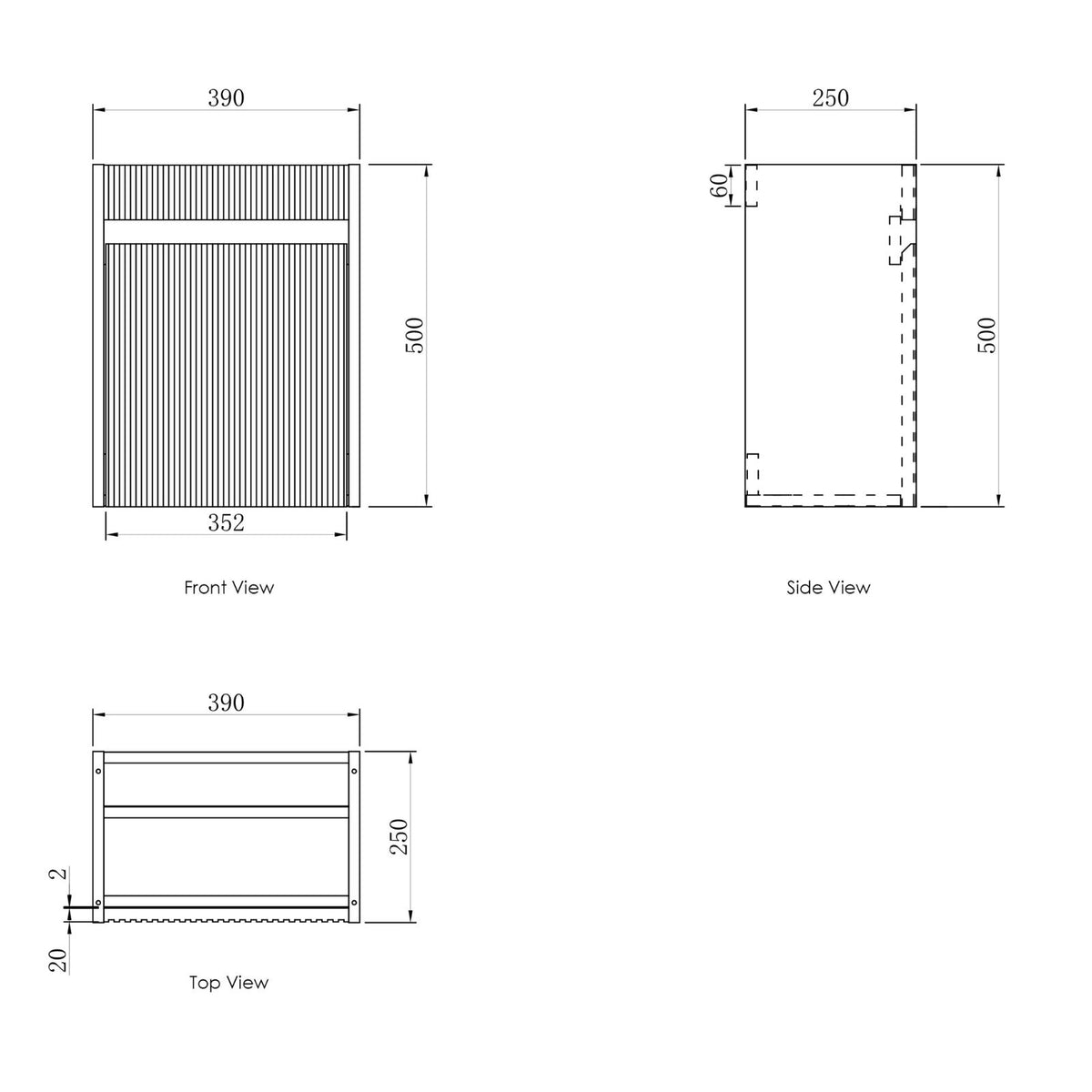 Technical Drawing Otti Mini Ensuite Wall Hung Vanity 400mm Matte White Fluted Vanity with Basin SP400MW - The Blue Space