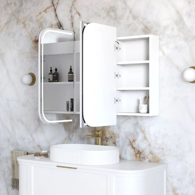 Otti Newport 1200 LED Shaving Cabinet White Matte Side View with All Door Open LED-SSQ1275-VP | The Blue Space