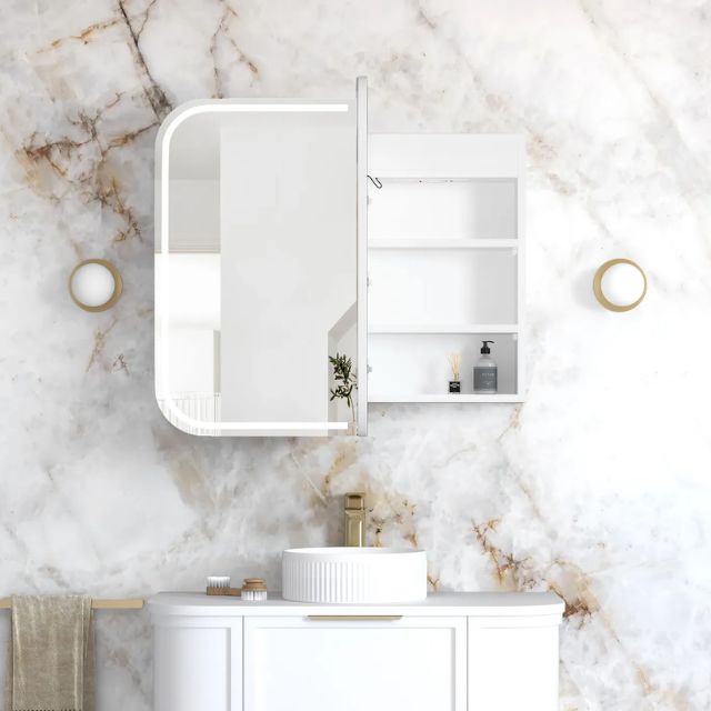 Otti Newport 900 LED Shaving Cabinet White Matte Front View with Right Door Open LED-SSQ9075-VP | The Blue Space