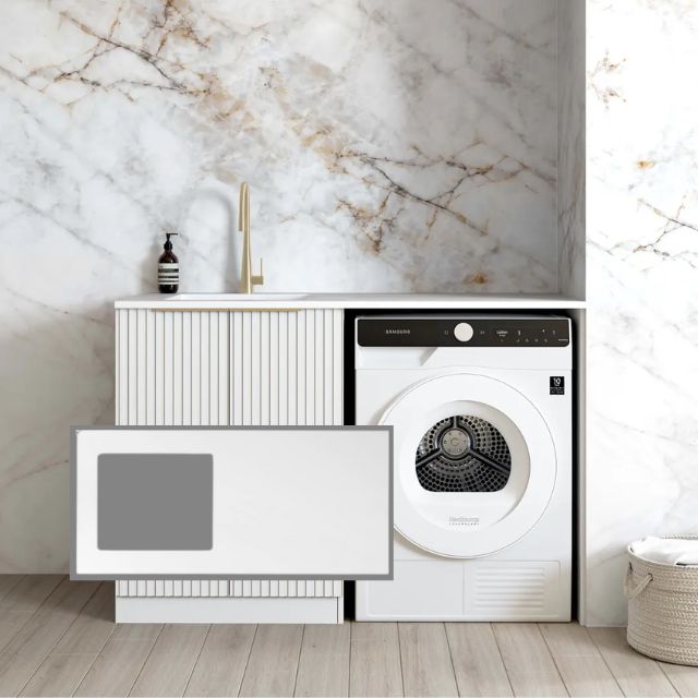 Otti Noosa Fluted White 1300mm Laundry Cabinet Set with Matte White Solid Surface stone top LA-1300-NSW-MW-KIT | The Blue Space