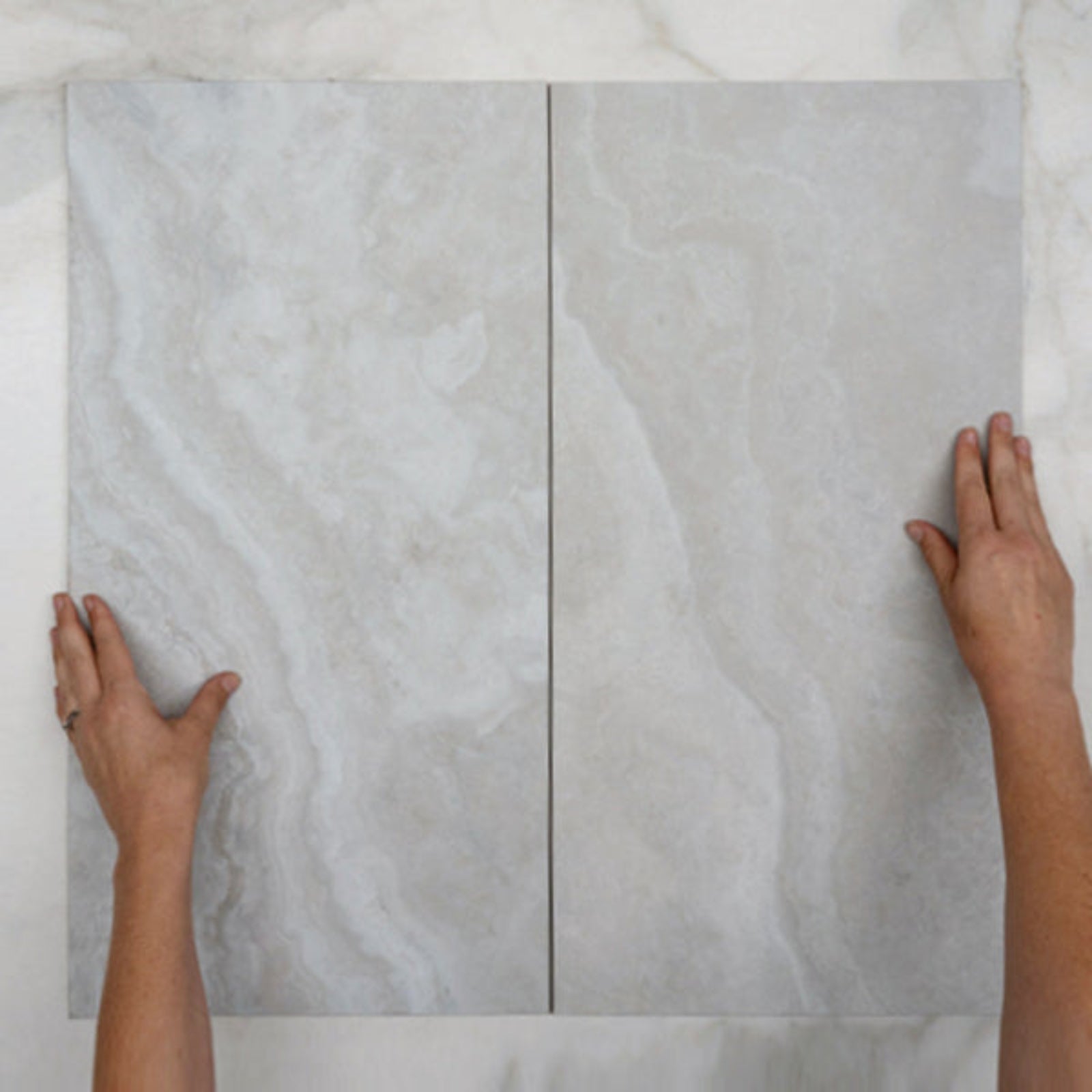 Double WIth Hand Pearl Ivy Vein Cut Travertine Look Tile Tech Grip 300 x 600 x 10mm Porcelain  - The Blue Space