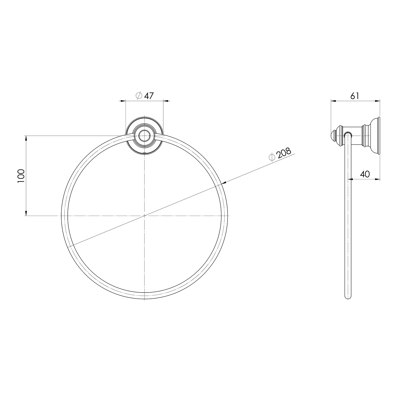 Technical Drawing Phoenix Cromford Hand Towel Holder - Brushed Bronze 134-8500-24 - The Blue Space