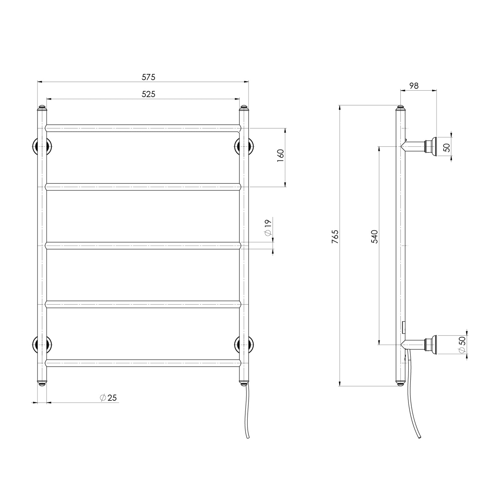 Technical Drawing Phoenix Cromford Heated Towel Ladder 550mm x 750mm - Brushed Bronze 134-8750-24 - The Blue Space