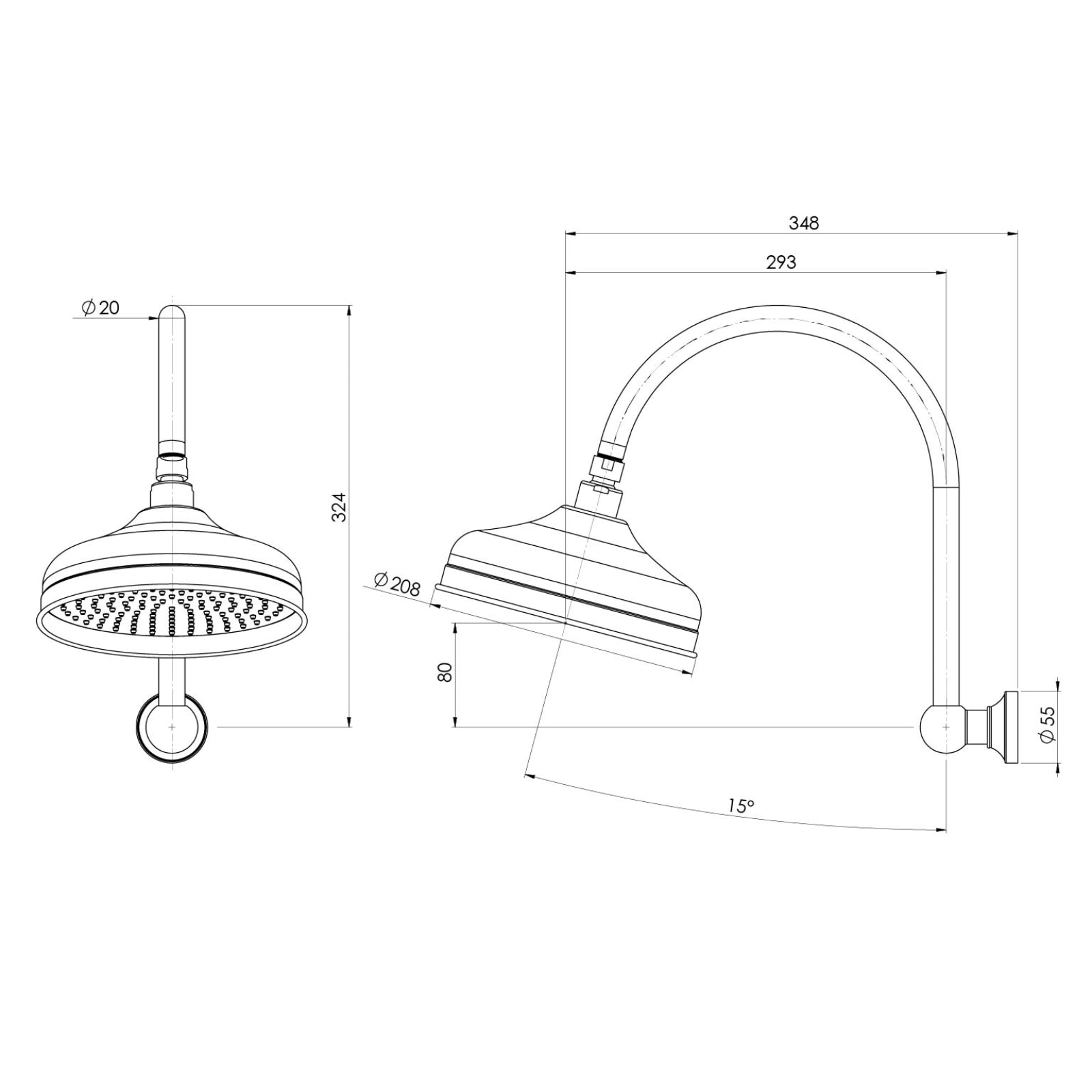 Technical Drawing Phoenix Cromford High Rise Shower Arm And Rose 210mm Matte Black 134-5302-10 - The Blue Space