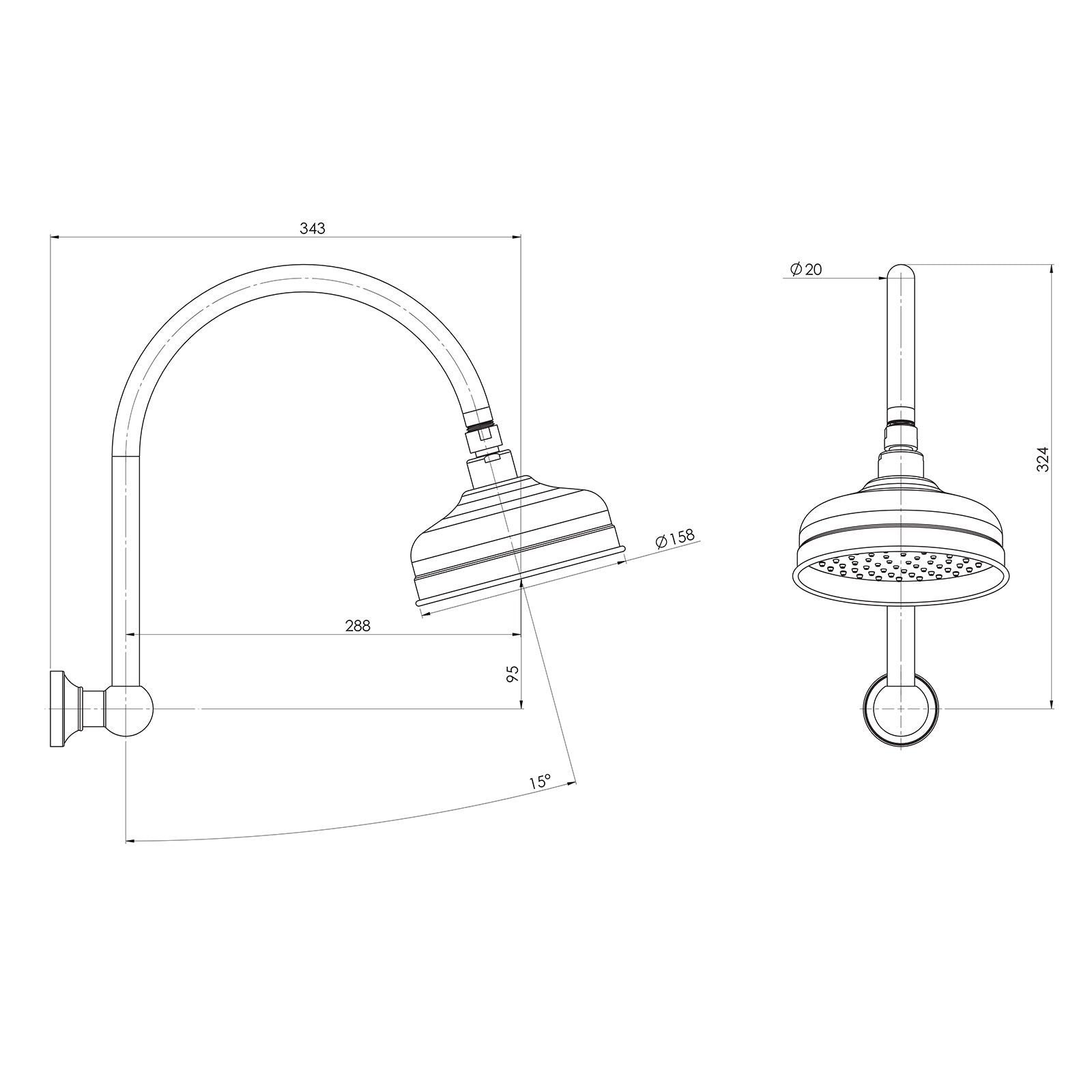 Technical Drawing Phoenix Cromford High Rise Shower Arm Rose - Brushed Bronze 134-5300-24 - The Blue Space