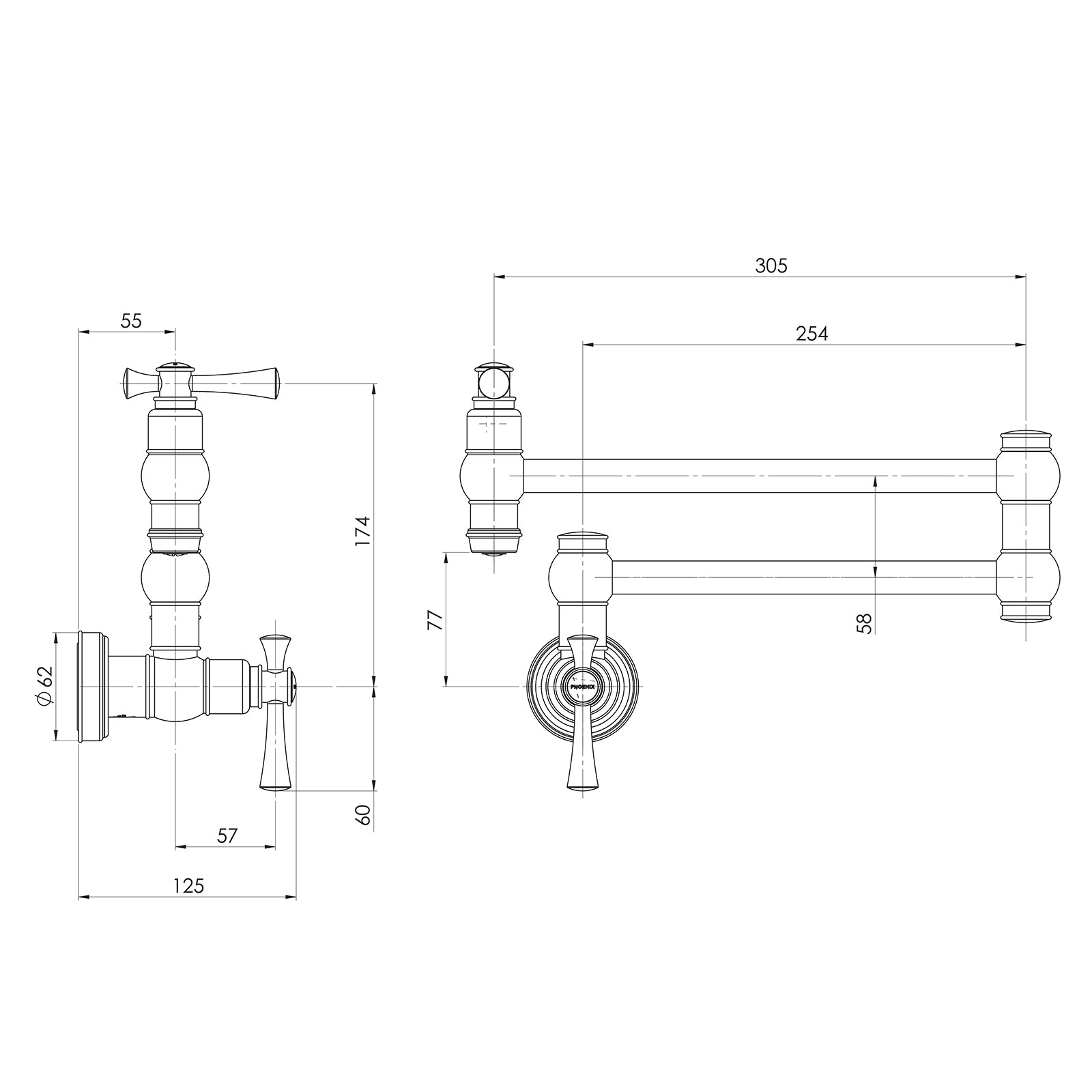 Technical Drawing Phoenix Cromford Pot Filler - Brushed Bronze 134-1900-24-1 - The Blue Space