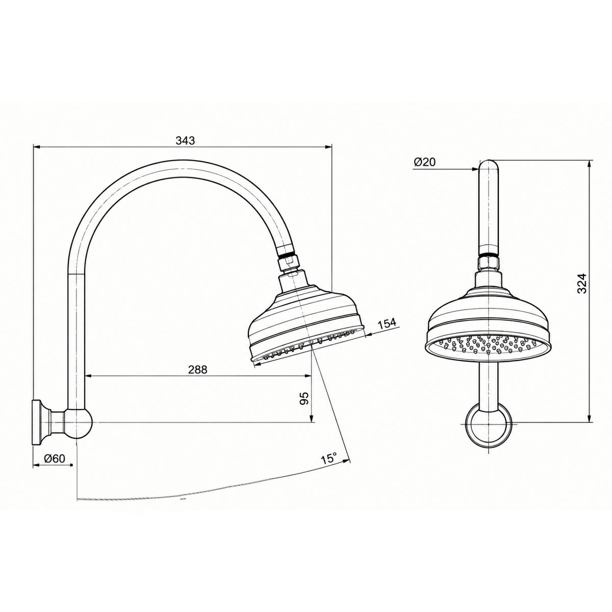 Line Drawing Phoenix Cromford Shower Arm and Rose Chrome 134-5300-00 - The Blue Space