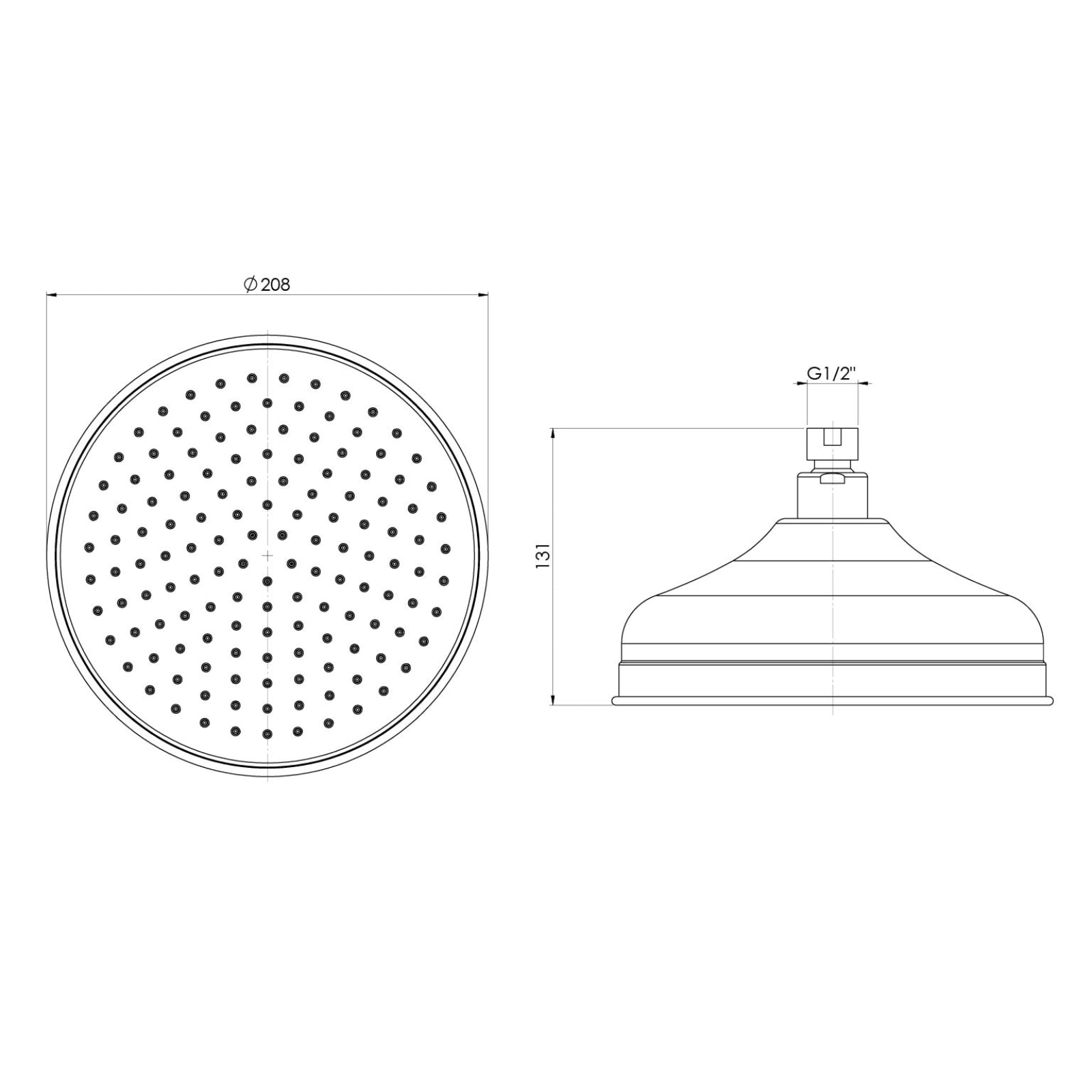 Technical Drawing Phoenix Cromford Shower Rose 210mm Matte Black 134-5002-10 - The Blue Space