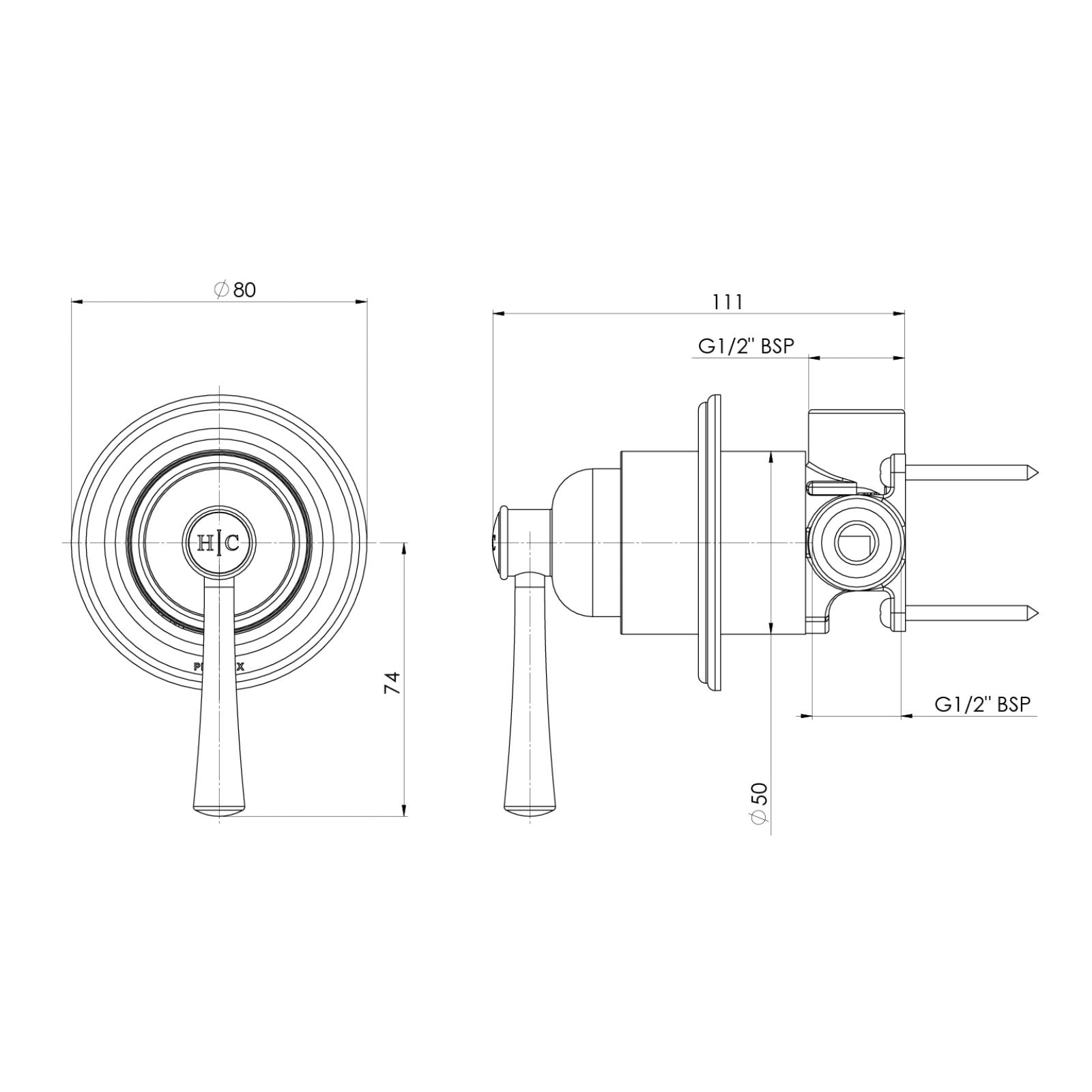 Technical Drawing Phoenix Cromford Shower / Wall Mixer Fit Off Kit Brushed Nickel 134-2805-40-1 - The Blue Space