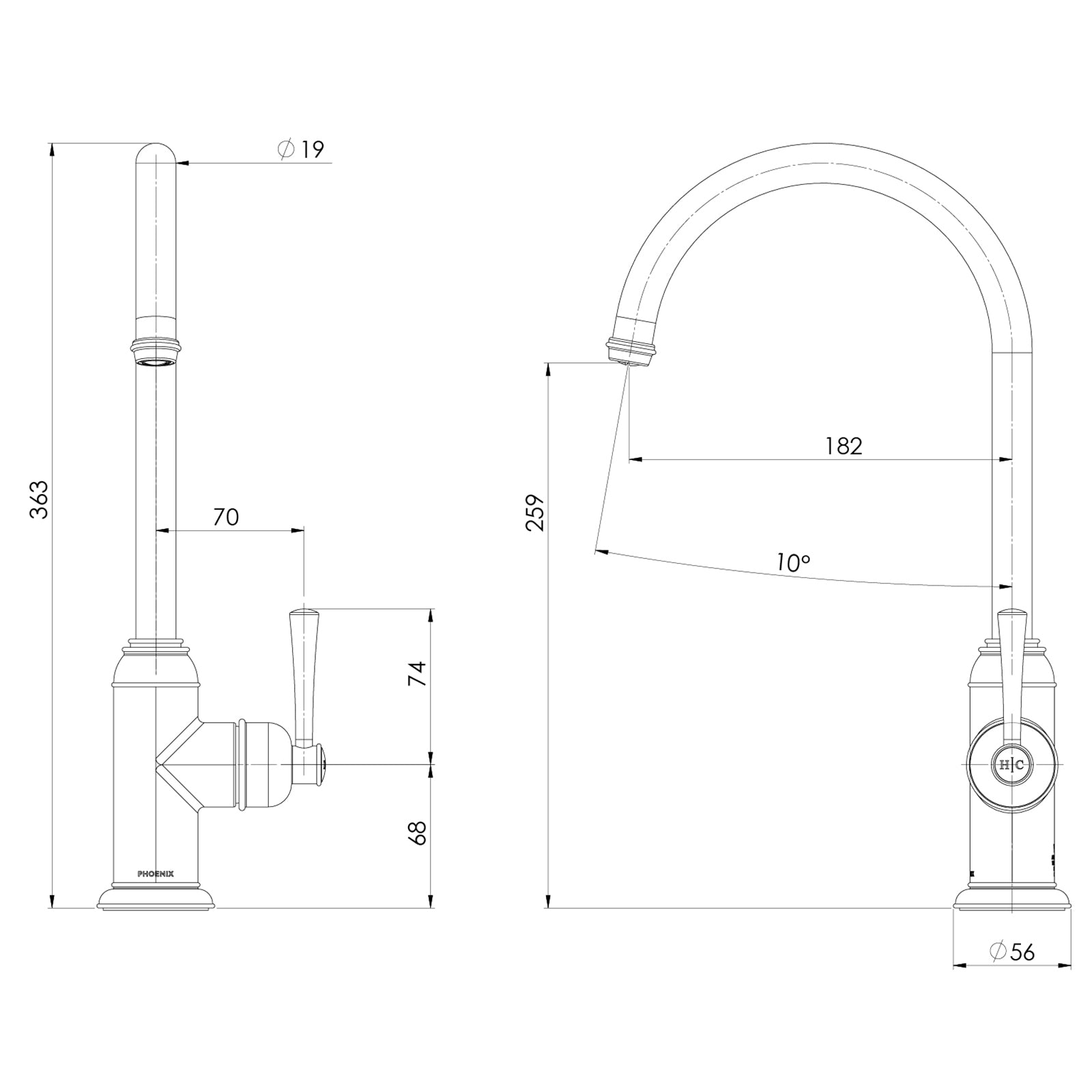 Technical Drawing Phoenix Cromford Sink Mixer 180mm - Brushed Bronze 134-7330-24-1 - The Blue Space
