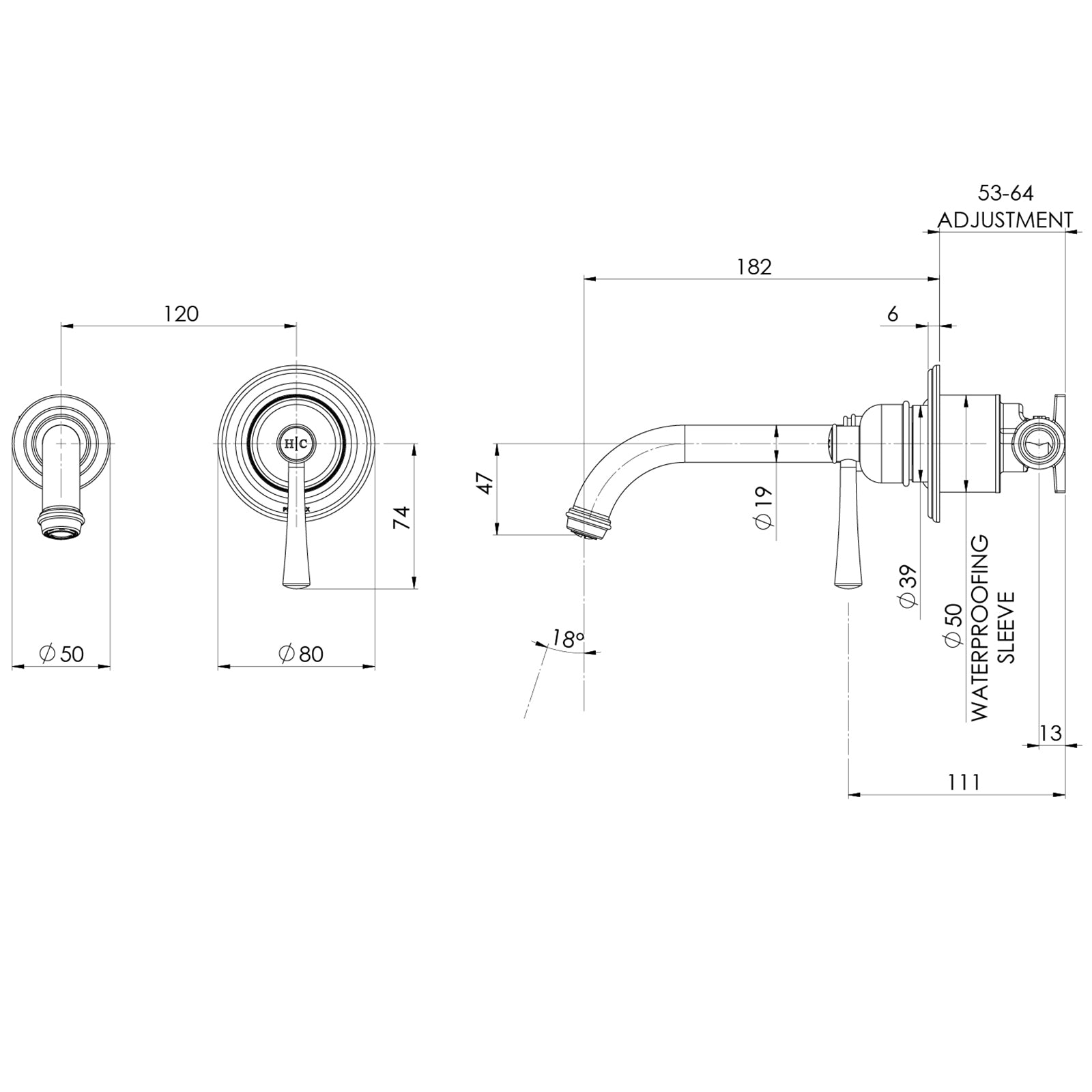 Technical Drawing Phoenix Cromford Switchmix Wall Basin Bath Mixer Set Fit Off Kit - Brushed Bronze 134-2812-24-1 - The Blue Space