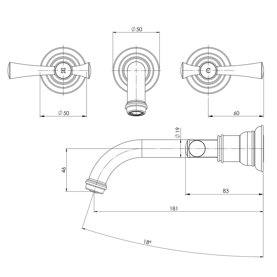 Phoenix Cromford Wall Basin / Bath Tap Set - Brushed Bronze