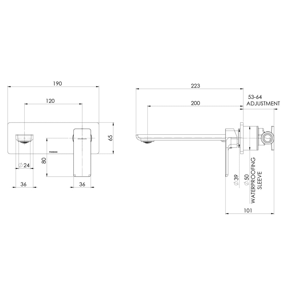 Phoenix Gloss MKII SwitchMix Wall Basin / Bath Mixer Set 200mm Brushed Carbon (Complete Kit)