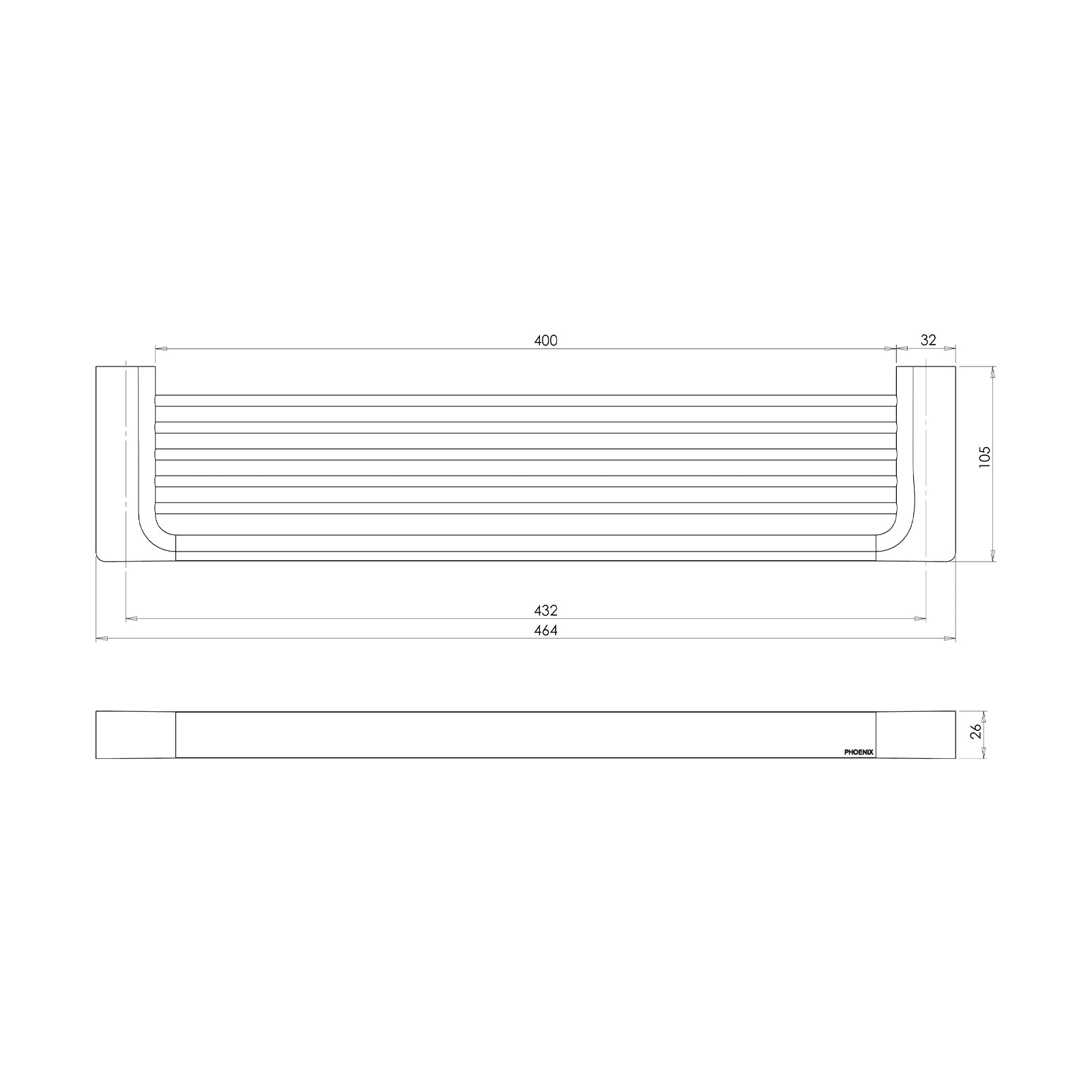 Technical Drawing Phoenix Gloss Shower Shelf - Brushed Bronze GS896-24 - The Blue Space