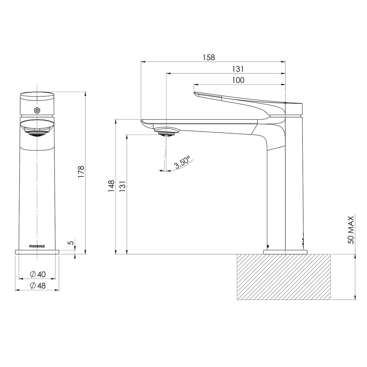 Technical Drawing Phoenix Kusabi Basin Mixer - Brushed Carbon 138-7700-31-1 - The Blue Space