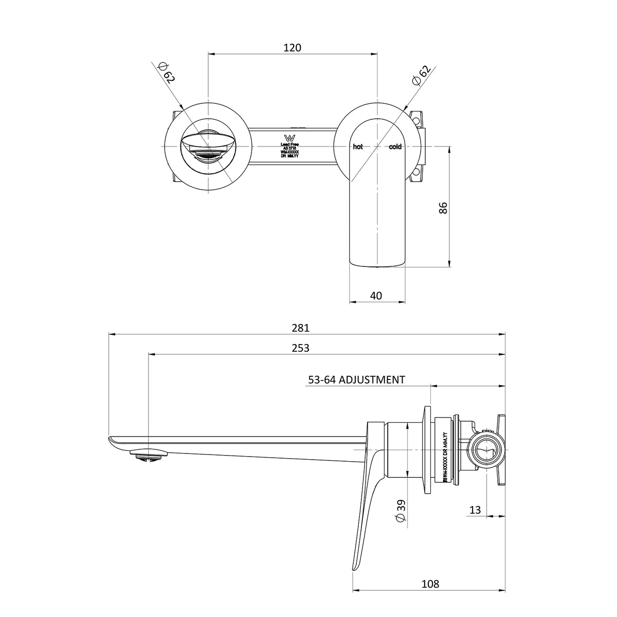 Technical Drawing Phoenix Kusabi Switchmix Wall Basin Bath Mixer Set 200mm - Brushed Nickel 138-2810-40-1 - The Blue Space