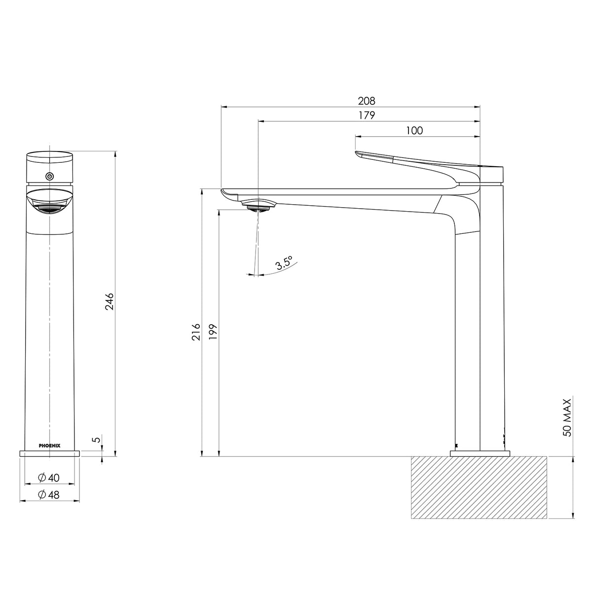 Technical Drawing Phoenix Kusabi Vessel Mixer - Matte Black 138-7900-10-1 - The Blue Space