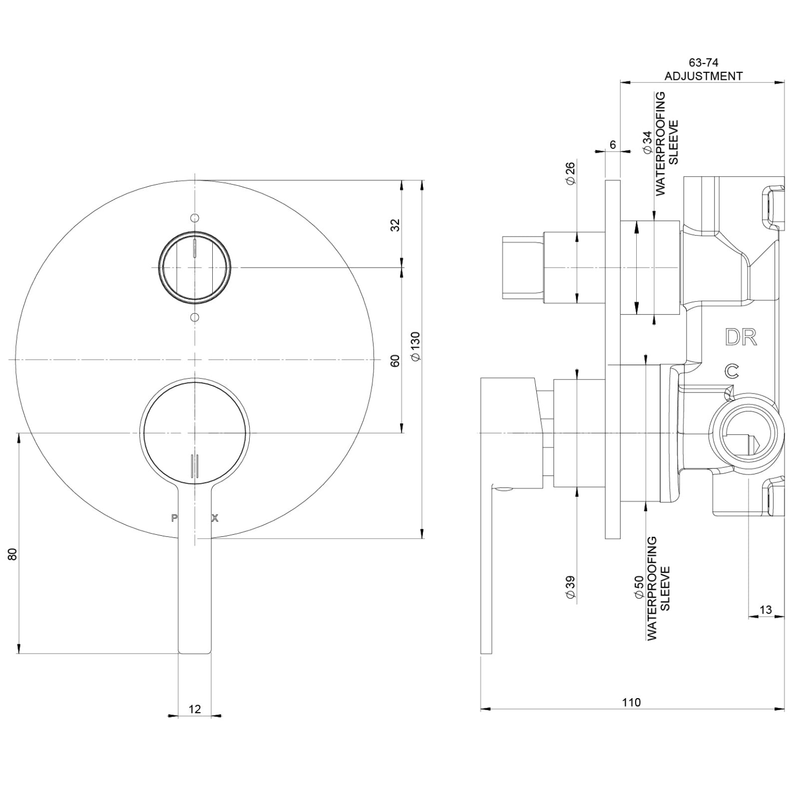 Technical Drawing Phoenix Lexi Mkii Switchmix Shower Bath Diverter Mixer Fit Off Kit Only - Brushed Nickel 123-2940-40 - The Blue Space