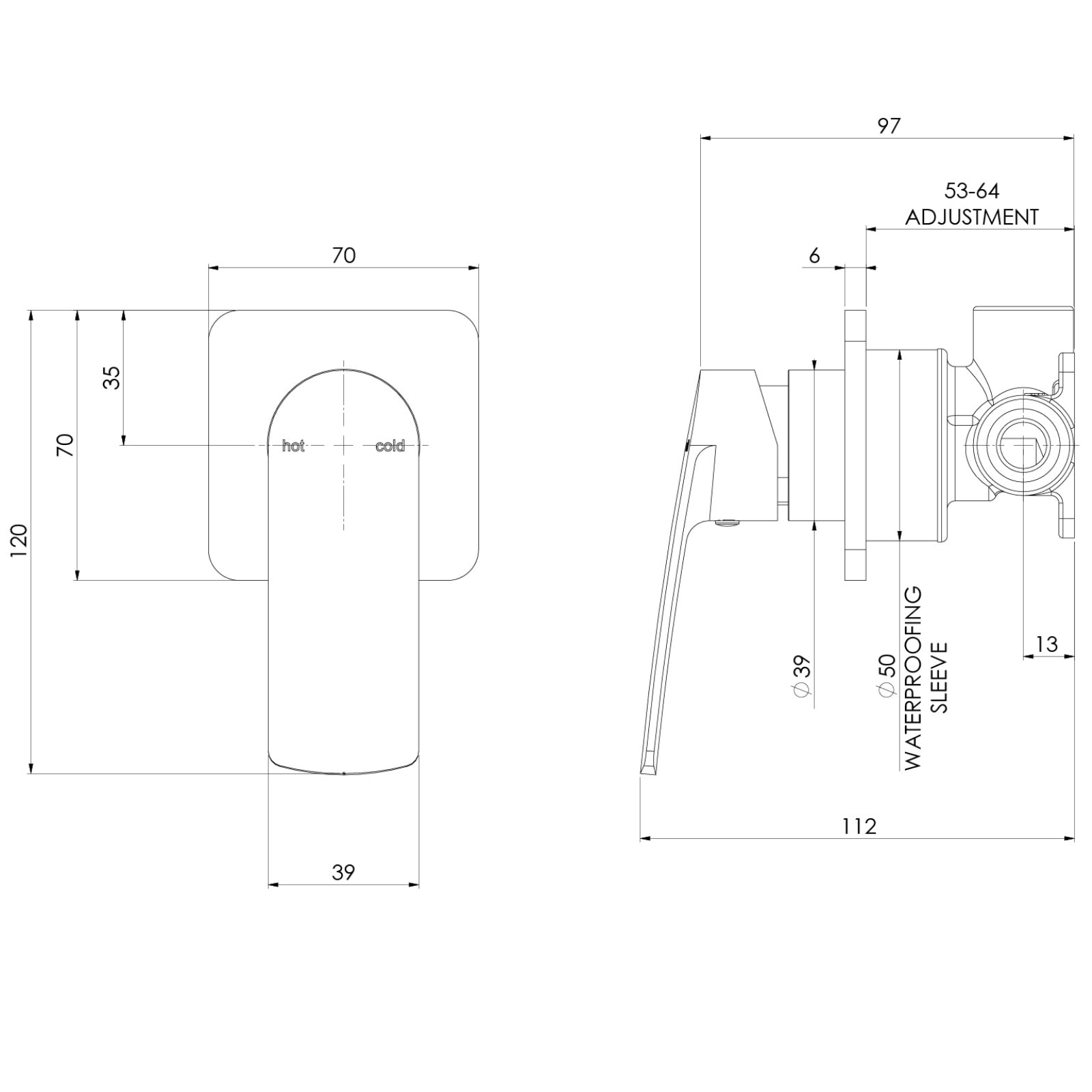 Technical Drawing Phoenix Mekko Switchmix Shower Wall Mixer Fit Off Kit Only - Matte Black 115-2805-10-1 - The Blue Space