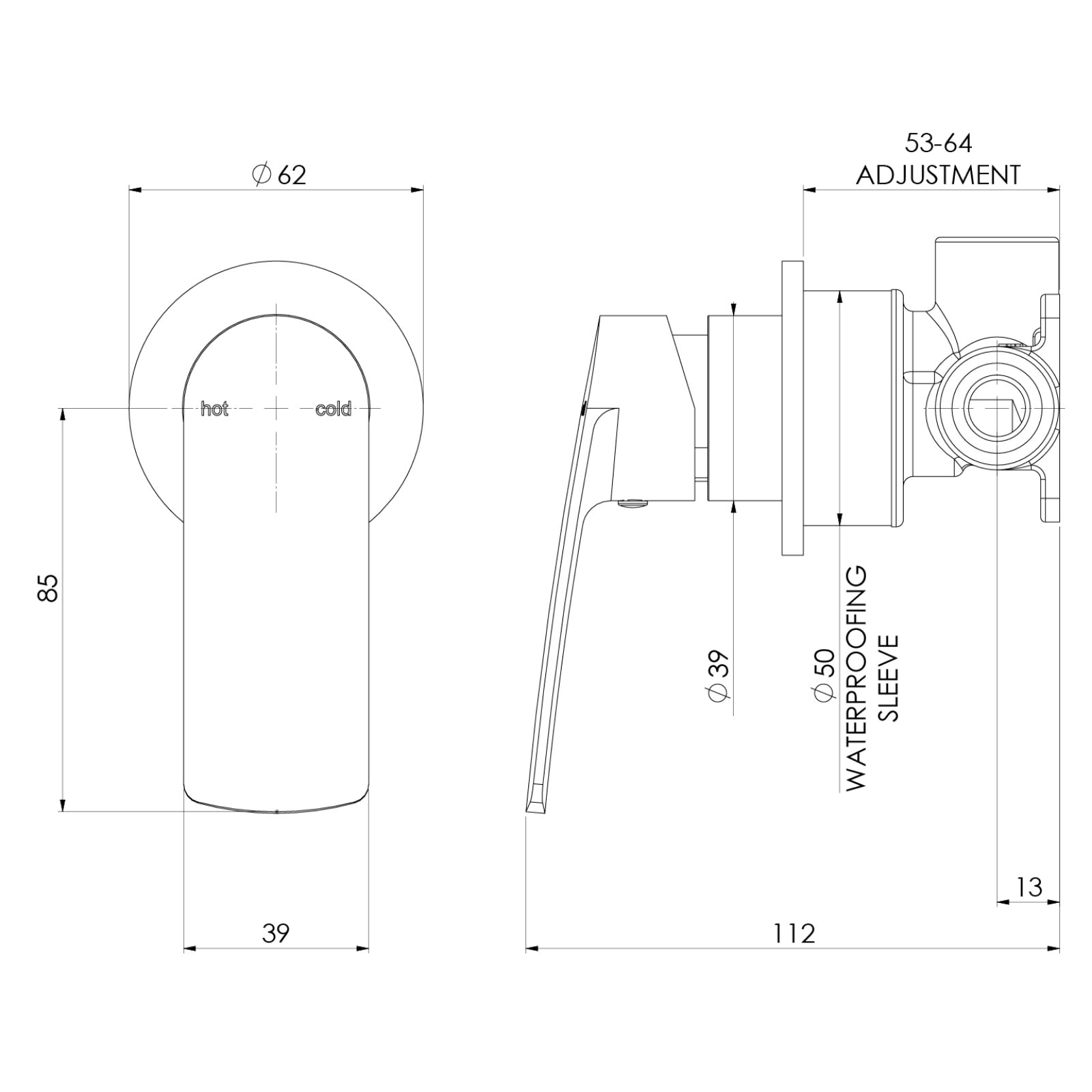 Technical Drawing Phoenix Mekko Switchmix Shower Wall Mixer - Matte Black 115-2800-10-1 - The Blue Space