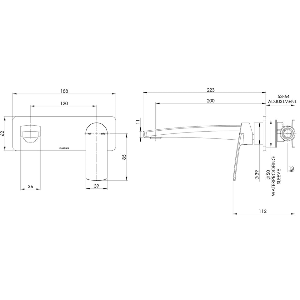 Phoenix Mekko SwitchMix Wall Basin / Bath Mixer Set 200mm (Complete Kit) - brushed carbon (Copy)