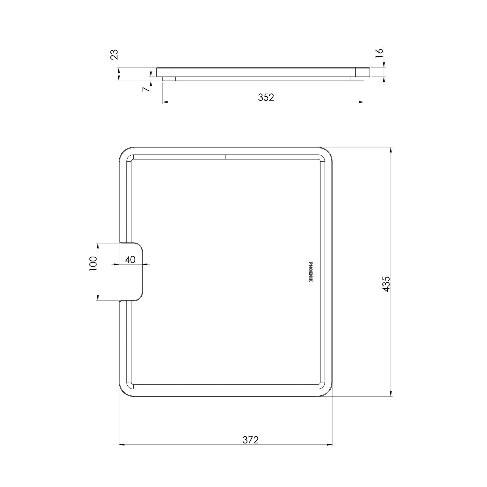 Chopping Board Technical Drawing Phoenix Sink Package 2 - Matte White Sink & Brushed Gold Mixer 312-2038-12 - The Blue Space
