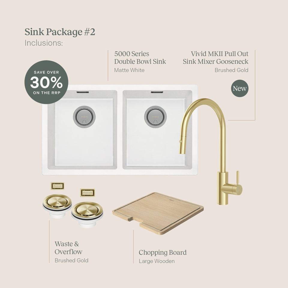 Phoenix Sink Package 2 - Matte White Sink & Brushed Gold Mixer