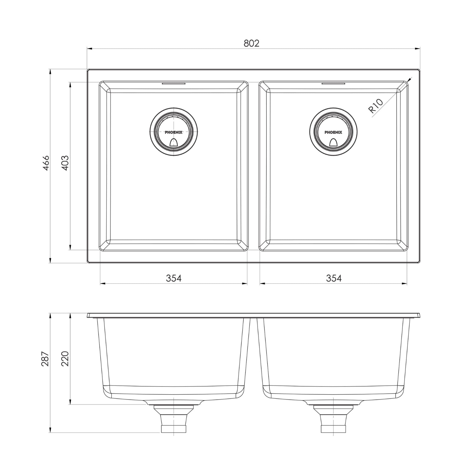 Technical Drawing Phoenix Sink Package 2 - Matte White Sink & Brushed Gold Mixer 312-2038-12 - The Blue Space