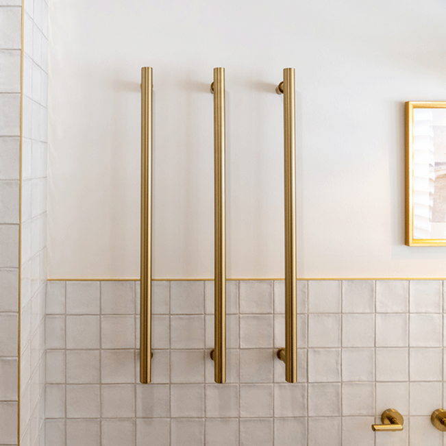 White Dianna Zellige Tile 100 x 100 x 9mm Spanish Ceramic and Phoenix brushed gold heated towel rail