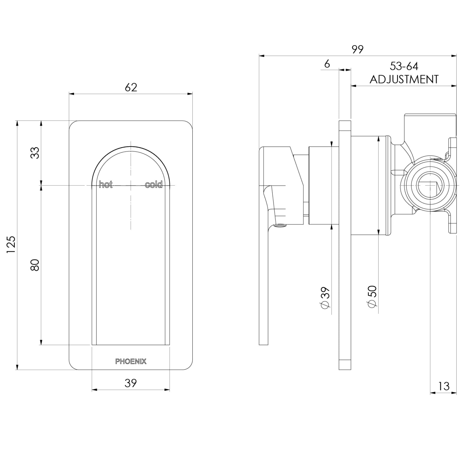 Technical Drawing Phoenix Teel Switchmix Shower Wall Mixer Fit Off Kit Only - Brushed Nickel 118-2805-40-1 - The Blue Space