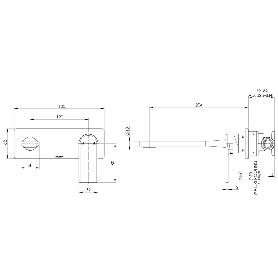 Phoenix Teel SwitchMix Wall Basin / Bath Mixer Set 200mm Brushed Nickel (Complete Kit)