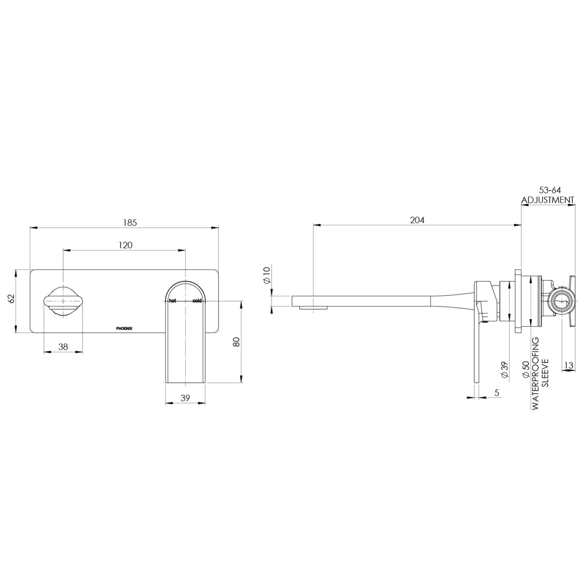 Technical Drawing Phoenix Teel SwitchMix Wall Basin / Bath Mixer Set 200mm Chrome (Complete Kit) 118-2810-00-1-KIT - The Blue Space