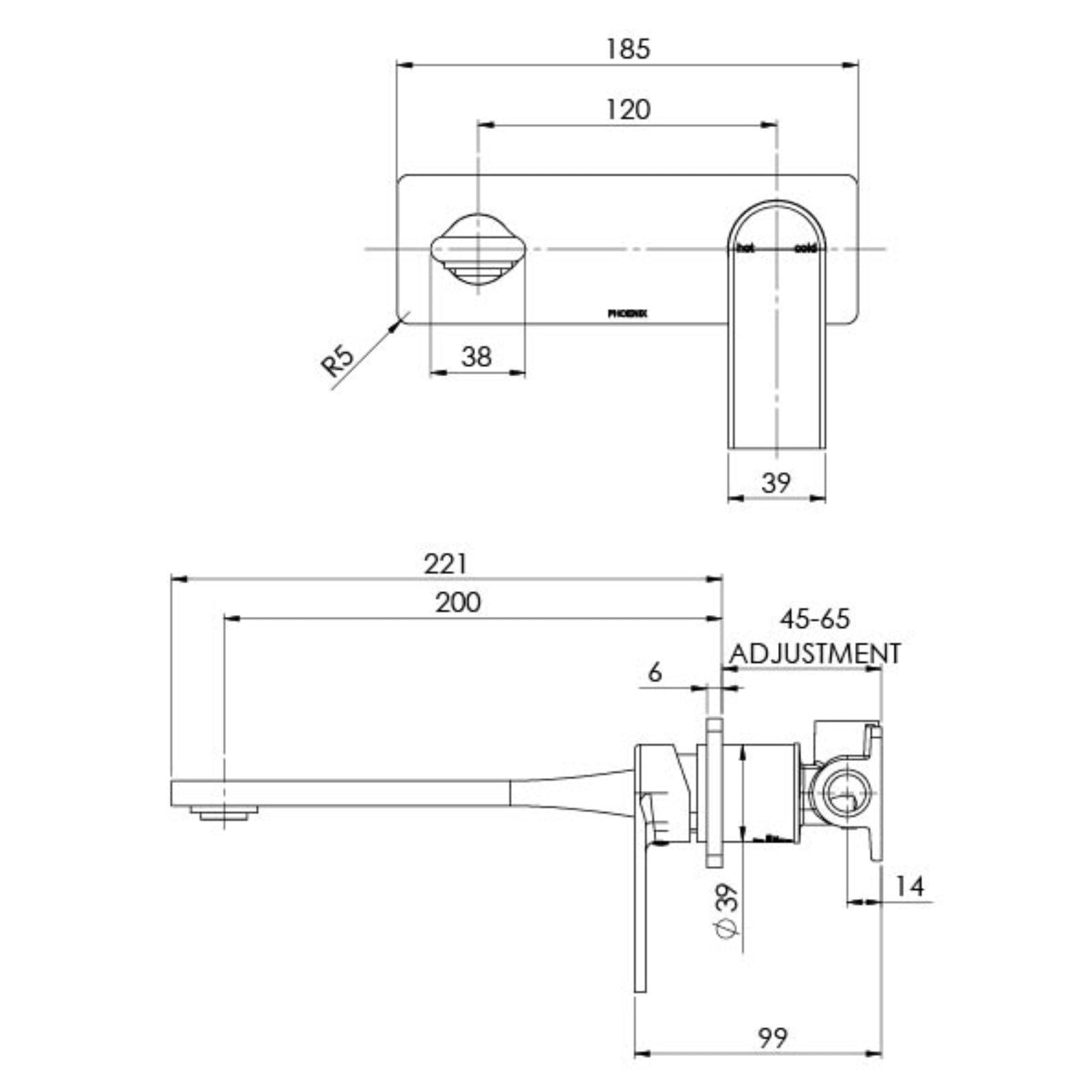 Technical Drawing Phoenix Teel SwitchMix Wall Basin / Bath Mixer Set 200mm - Full Kit 118-2812-00-1-KIT - The Blue Space