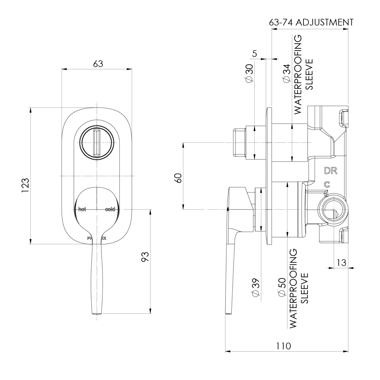 Technical Drawing Phoenix Switchmix Shower Bath Diverter Mixer Complete Kit - Brushed Carbon 139-2910-31-1 - The Blue Space