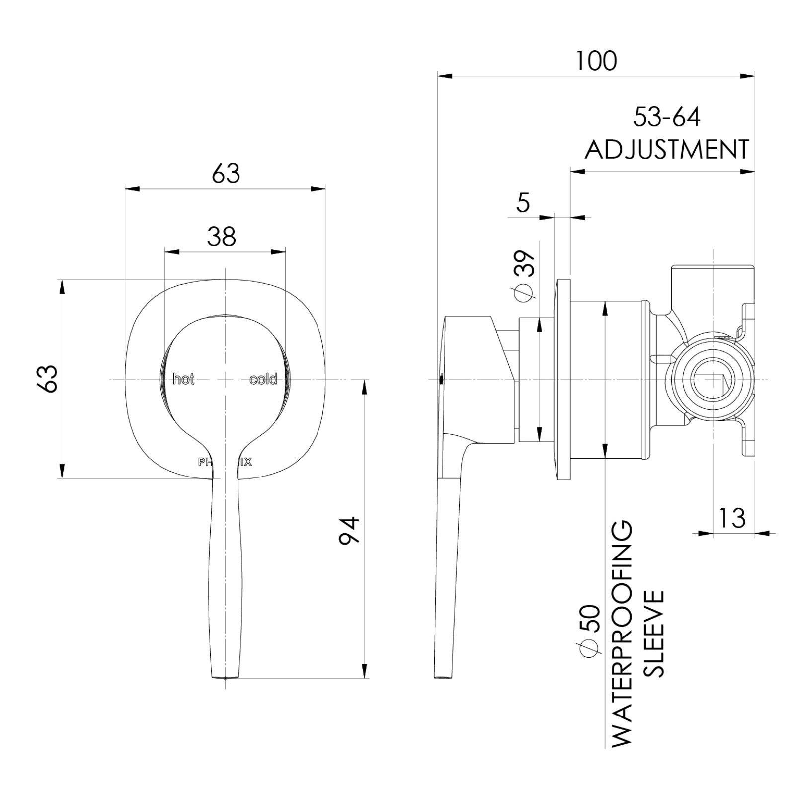 Technical Drawing Phoenix Switchmix Shower Wall Mixer Complete Kit - Chrome 139-2800-00-1 - The Blue Space