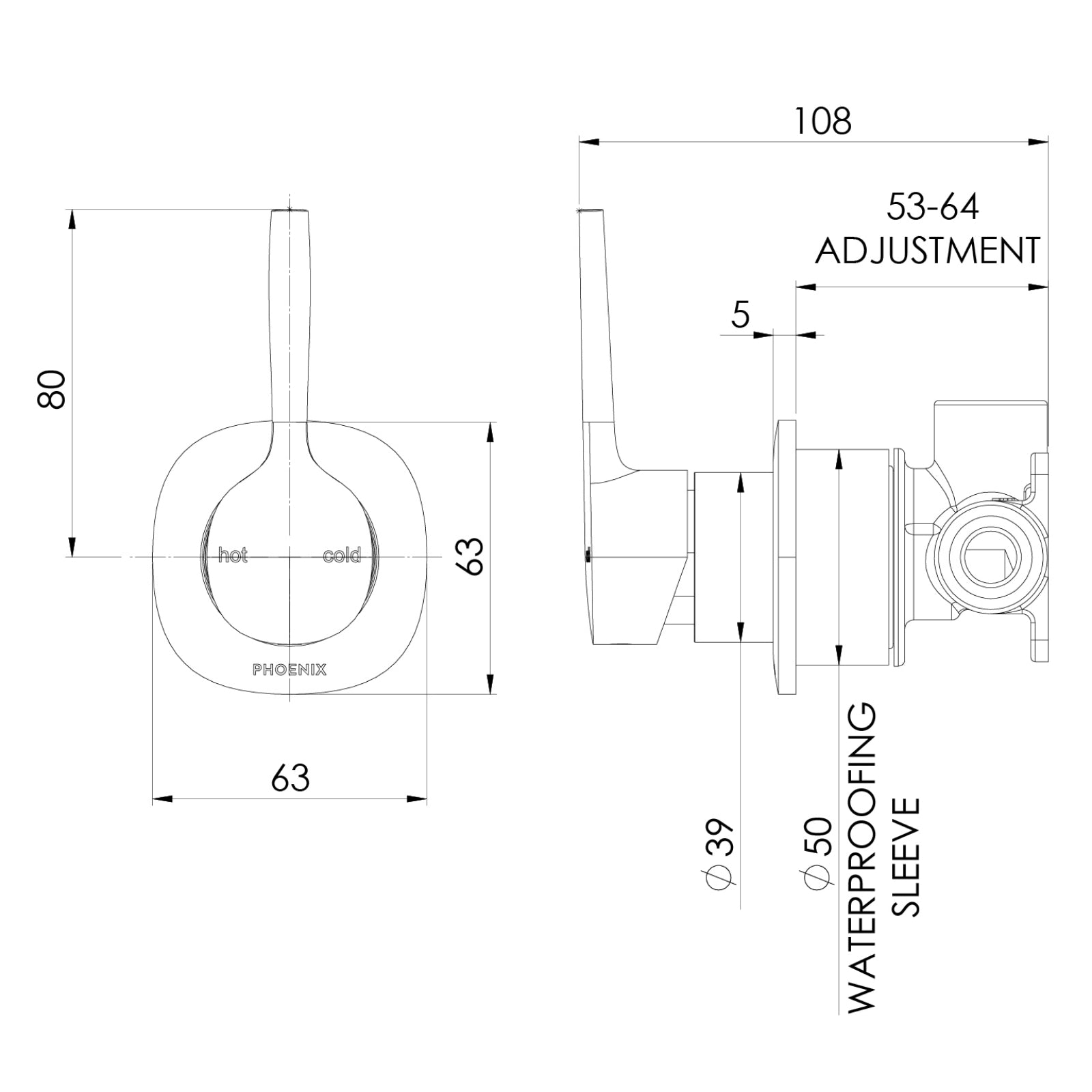 Technical Drawing Phoenix Switchmix Shower Wall Mixer Pin Up Complete Kit - Brushed Bronze 139-2801-24-1 - The Blue Space