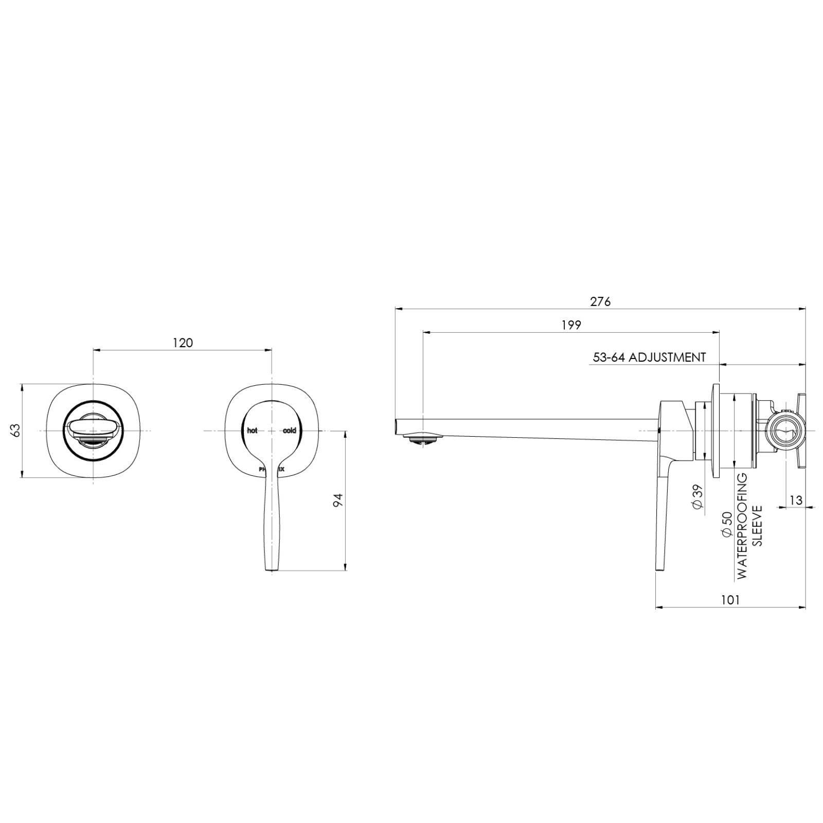 Technical Drawing Phoenix Switchmix Wall Basin Bath Mixer Set 200mm Complete Kit - Chrome 139-2810-00-1 - The Blue Space