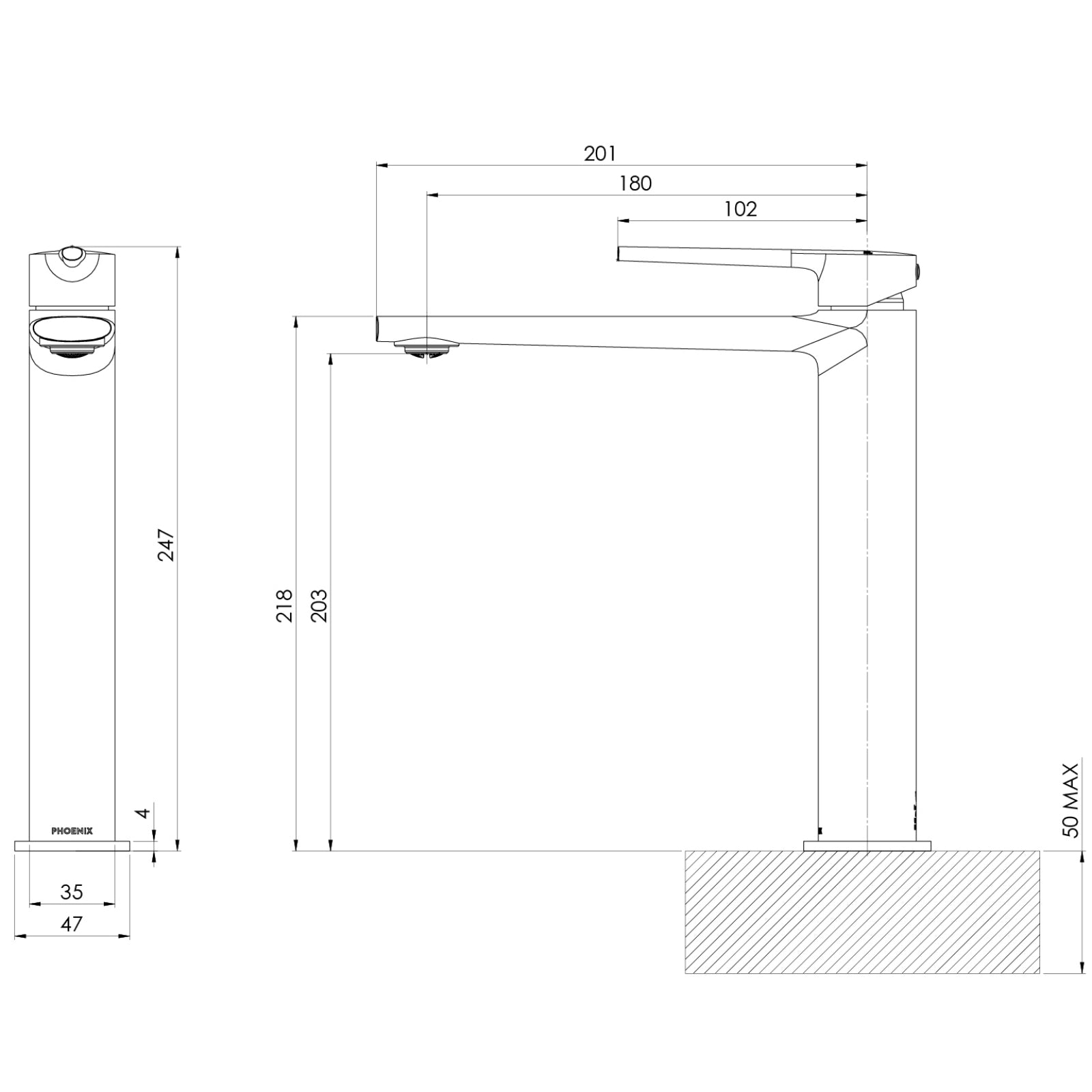 Technical Drawing Phoenix Vessel Mixer - Brushed Bronze 139-7900-24-1 - The Blue Space