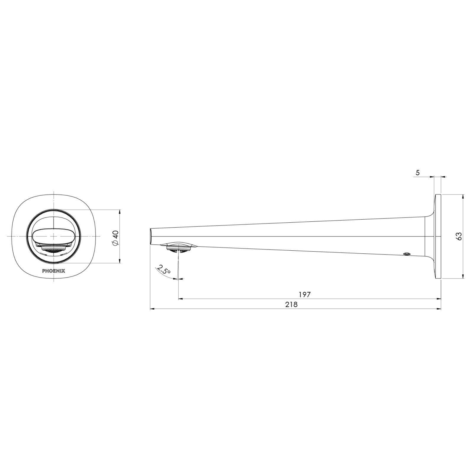 Technical Drawing Phoenix Wall Basin Bath Outlet 200mm - Brushed Gold 139-7610-12-1 - The Blue Space