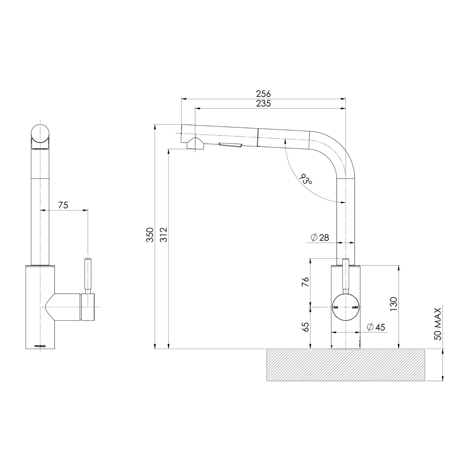 Technical Drawing Phoenix Vivid MKII Pull Out Sink Mixer 230mm L Shaped - Brushed Carbon 146-7125-31-1 - The Blue Space