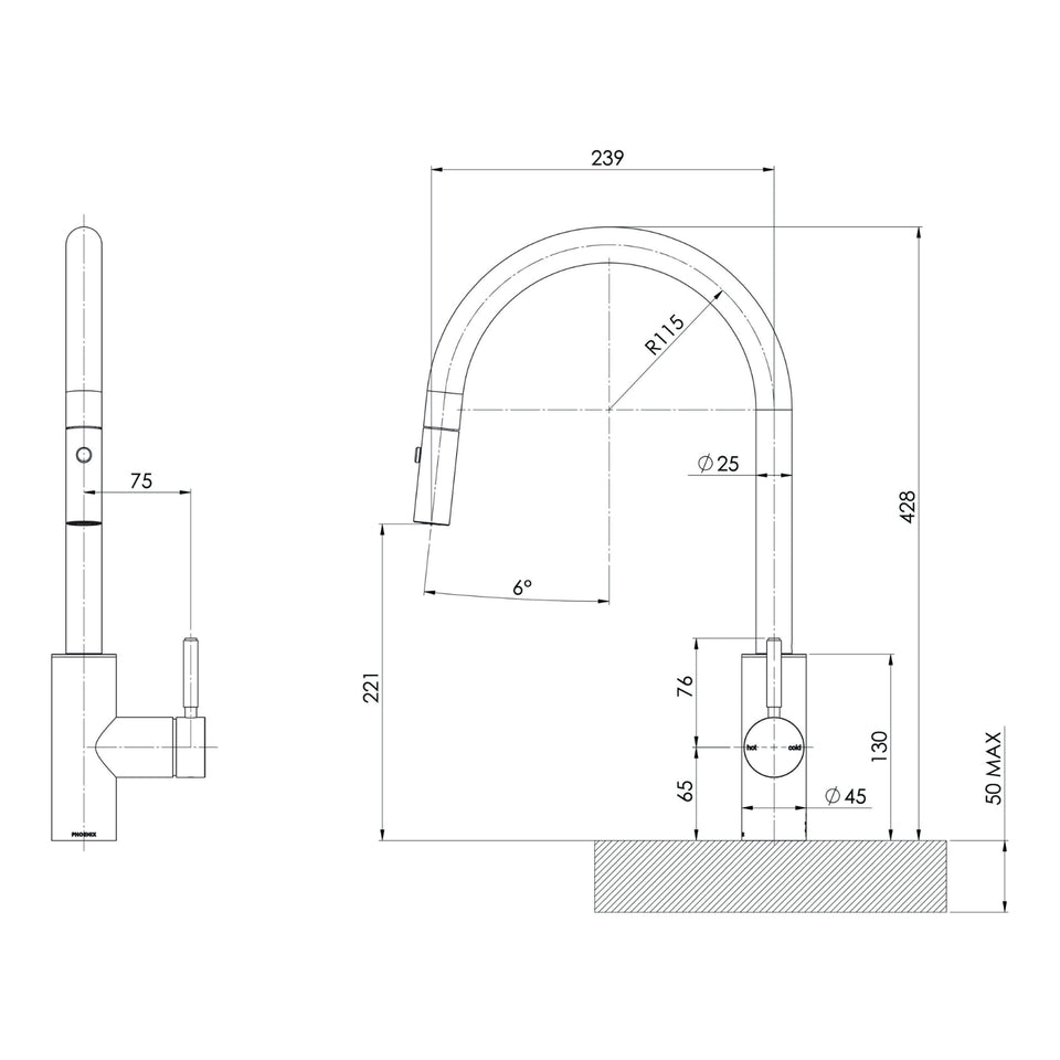 Phoenix Vivid MKII Pull Out Sink Mixer 240mm Gooseneck - Brushed Bronze