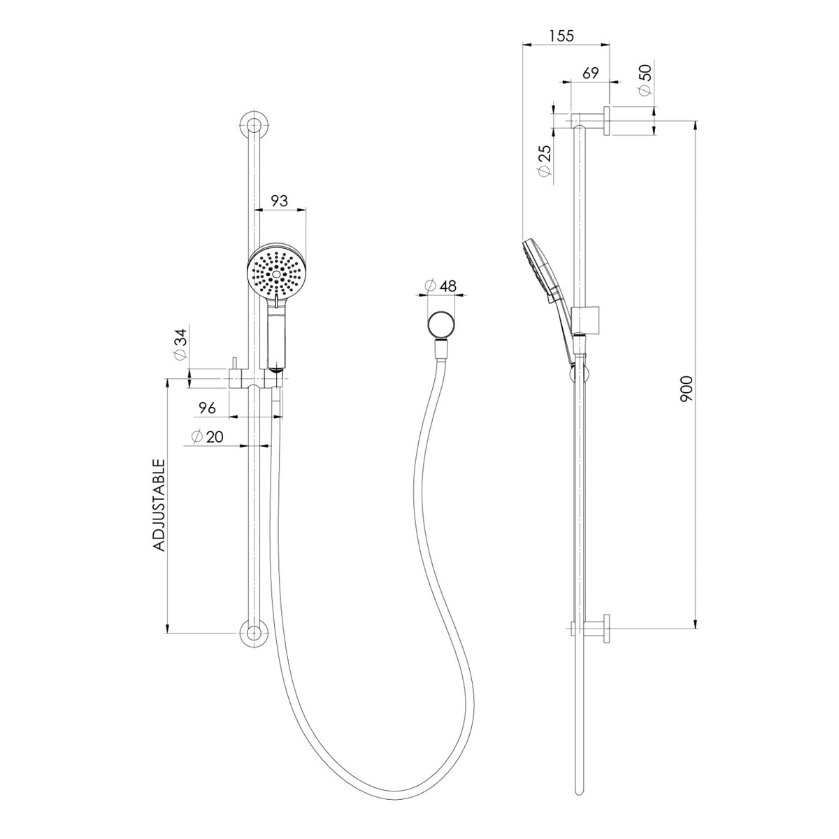 Technical Drawing Phoenix Vivid Slimline Extended Rail Shower - Brushed Nickel VS6835-40 - The Blue Space