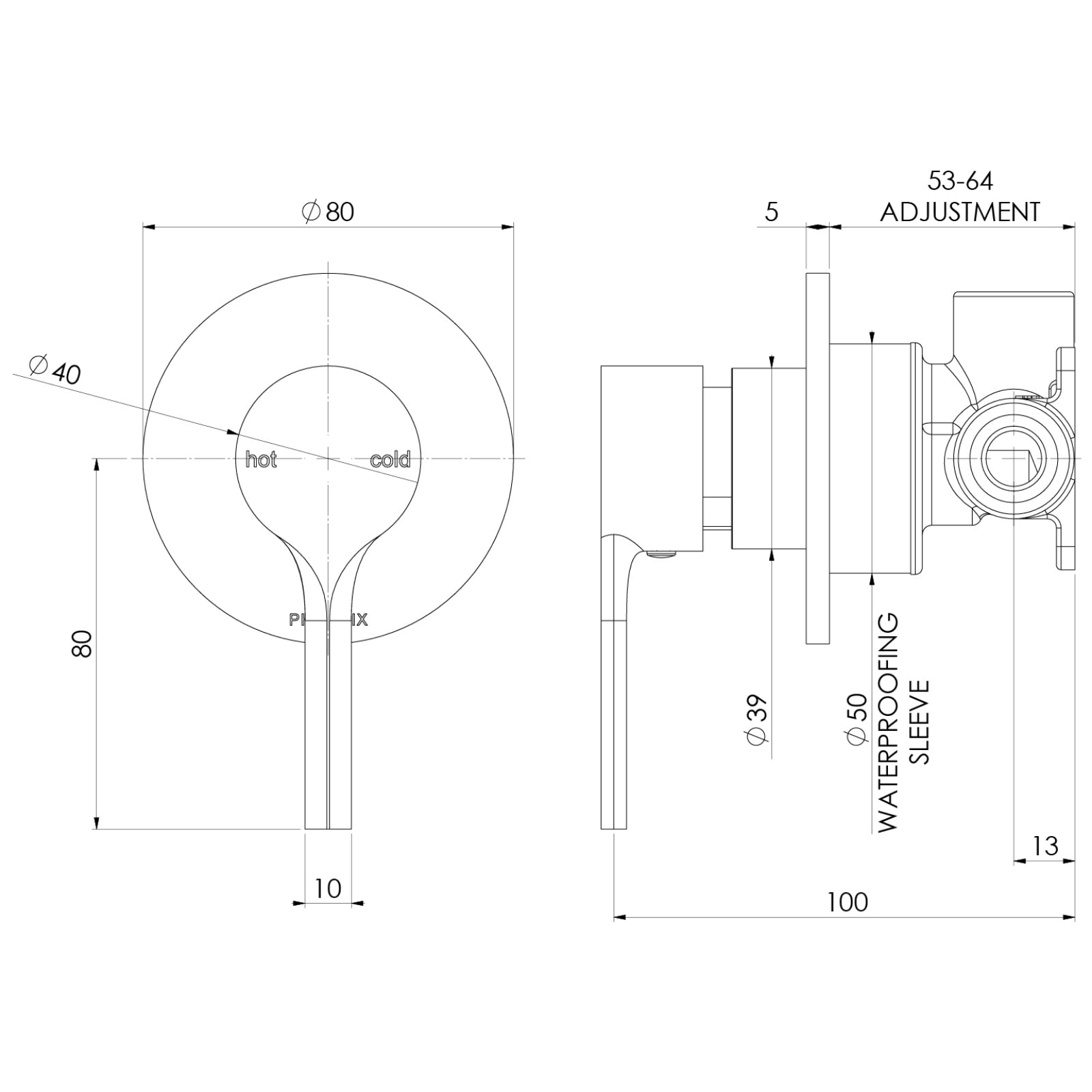 Technical Drawing Phoenix Vivid Slimline Oval SwitchMix Shower / Wall Mixer Brushed Gold (Fit-Off Kit Only) VV2805-12-1 - The Blue Space