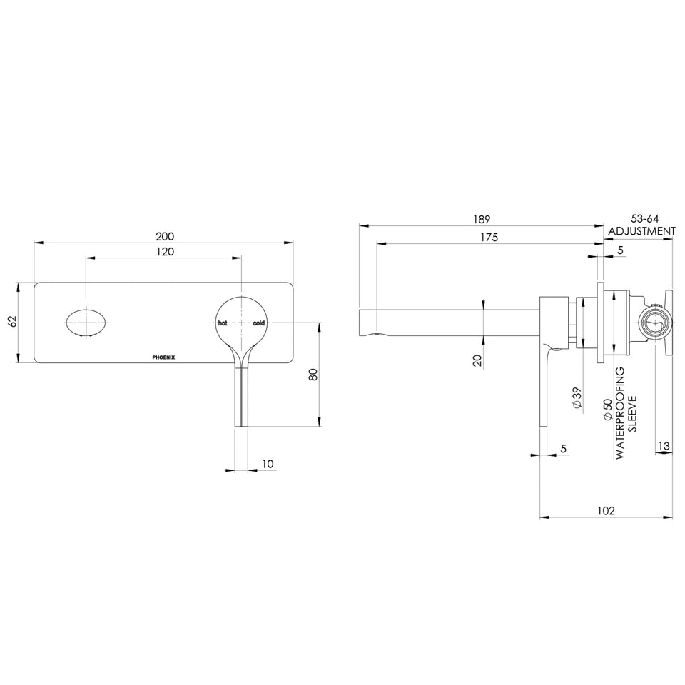 Phoenix Vivid Slimline Oval SwitchMix Wall Basin / Bath Mixer Set 175mm Brushed Gold (Complete Kit)