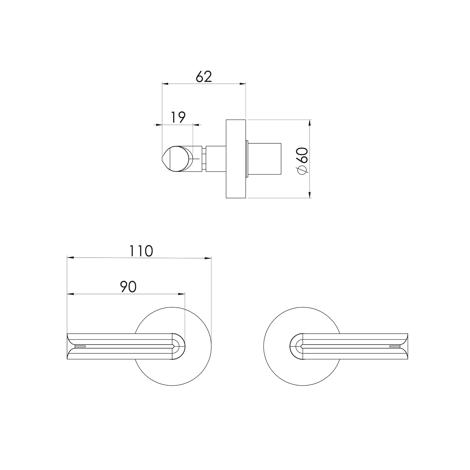 Technical Drawing Phoenix Vivid Slimline Plus Lever Wall Top Assemblies - Brushed Bronze 119-0601-24-1 - The Blue Space